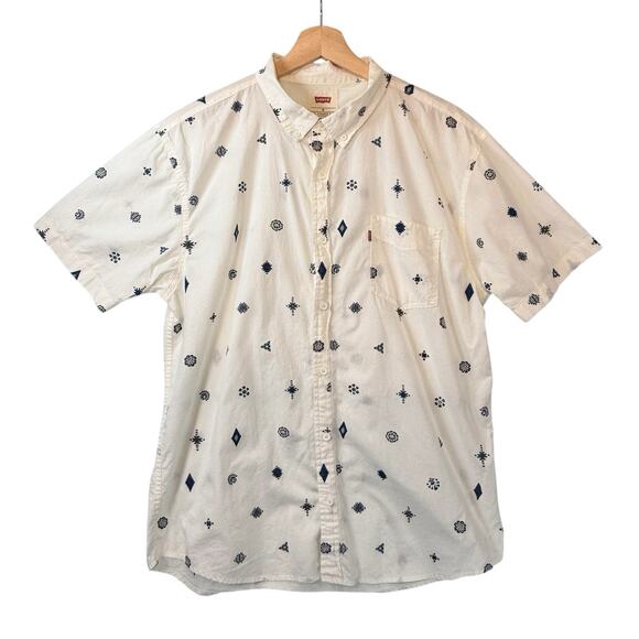 Levis Nautical Mens S/S Button Up White Blue SIZE XL Boho Cotton SW Print - Picture 1 of 7